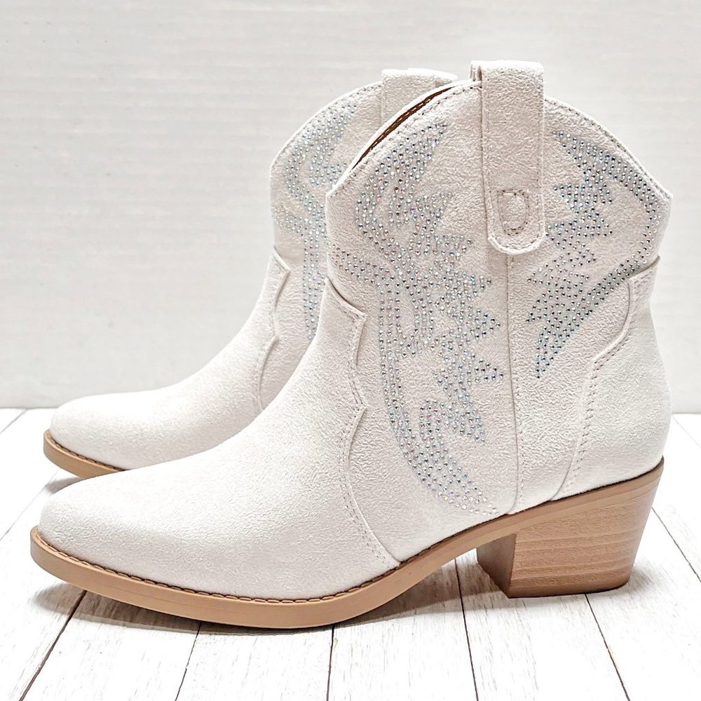 New Beige Rhinestone Blingy Western Cowboy Boots Ankle Booties